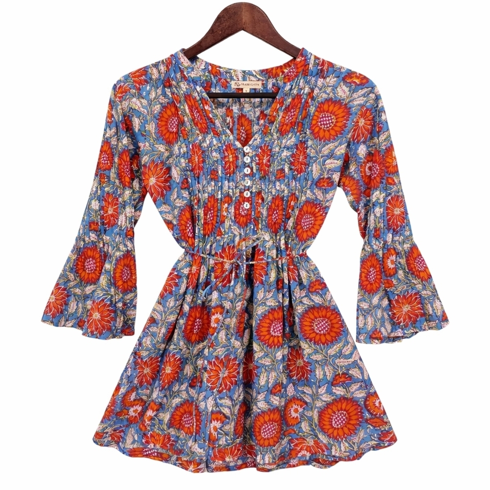 Trade Cloth Artisan Boho Floral Pintuck Tunic Bell Sleeve Lagenlook Cotton S